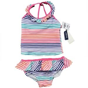 🆕Oshkosh baby girls two piece pastel multicolor striped swim suit 24 mos NWT